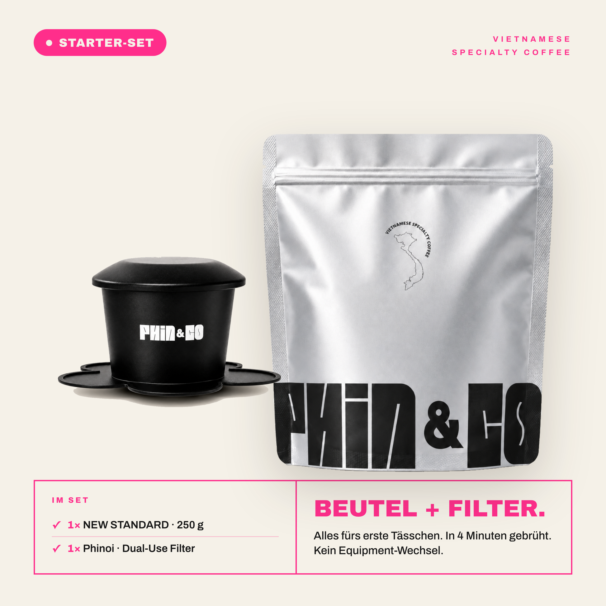 Phin & Co Starter-Set – NEW STANDARD 250g + Phinoi Dual-Use Filter – Beutel + Filter, alles für den Einstieg in Vietnamese Specialty Coffee